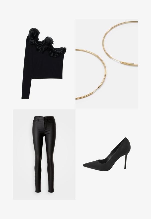 Schwarzes Top mit einem Schulterträger, das mit einem rüschenartigen, transparenten Überzug entlang des Ausschnitts versehen ist, aus leichtem Material mit glatter Textur gefertigt.; Schwarze, enganliegende Skinny Jeans aus Kunstleder mit glatter Textur, hoher Taille, Knopfverschluss und traditionellem Fünf-Taschen-Design.; Schwarzer Wildleder-Pumps mit hoher Absatzhöhe und spitzem Zehenbereich sowie Ausschnitten an der Seite; ausgestattet mit einem schlanken Stiletto-Absatz und einer glatten Innenausstattung.; Goldfarbene Ohrringe in Form von dünnen, runden Kreolen, mit einer glatten, metallischen Oberfläche und ohne Verzierungen oder Muster.; Schwarze Leder-Geldbörse mit Klappverschluss, goldfarbener Hardware und Logo-Akzent. Inklusive abnehmbarem Trageriemen.