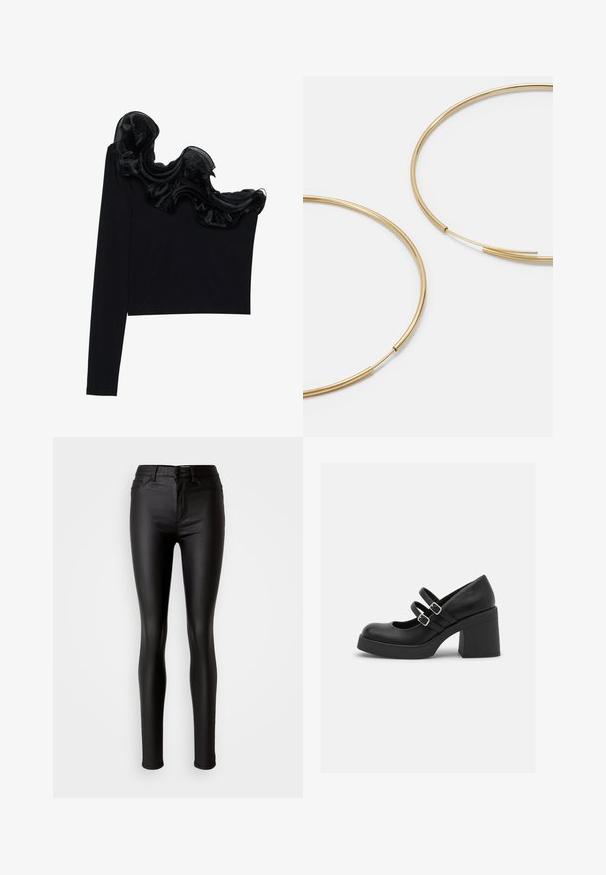 Zwarte tops met één schouder, voorzien van een ruffled doorzichtige overlay langs de halslijn, gemaakt van lichtgewicht stof met een gladde textuur.; Zwarte faux leren skinny jeans met een gladde textuur, hoge taille, knoopsluiting en een traditionele vijf-pocket stijl.; Call it Spring MONROE - Plateaupumps - black smooth; Gouden oorringen, dun en rond van vorm, met een gladde metallic afwerking en zonder versieringen of patronen.; Zwarte leren portemonnee met een opklapbare flap, gouden hardware en een logo-accent. Inclusief een afneembare strap voor het dragen.