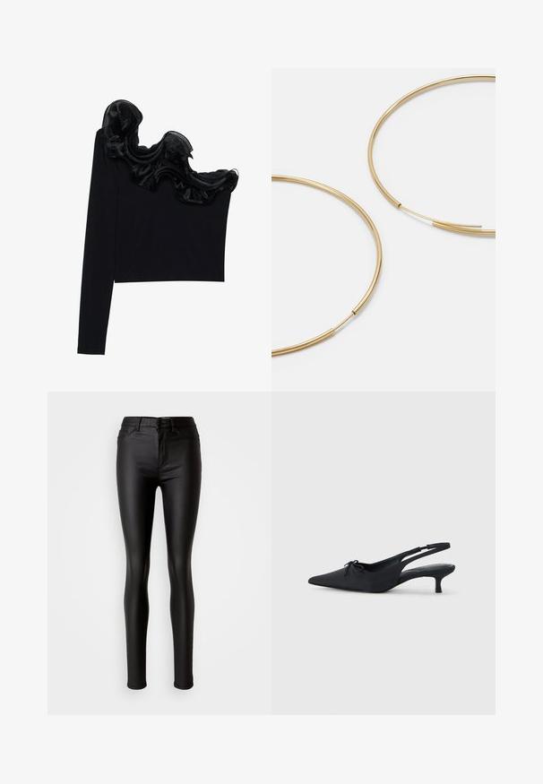 Must have ühe õlavarraga tops, millel on volangne sihvakate kaudu kaeluse ääres, valmistatud kergetest kangastest, millel on sile tekstuur.; Musta kunstnahast kitsad teksad, millel on sile tekstuur, kõrge vöökoht, nööbiga sulgemine ja traditsiooniline viie tasku disain.; Mustad musta värvi slingback kingad terava nina, tekstuuriga kangast, väikese paelaga esiosas ja tagasihoidliku kitten kontsaga.; Kulla värvi nõelad, õhukesed ja ümmargused, millel on sile metallist pind ja ilma kaunistuste või mustriteta.; Must mustra rahakott, millel on voltimisega klapp, kuldne riistvaraga, ning millel on logo aktsent. Sisaldab eemaldatavat rihma kandmiseks.