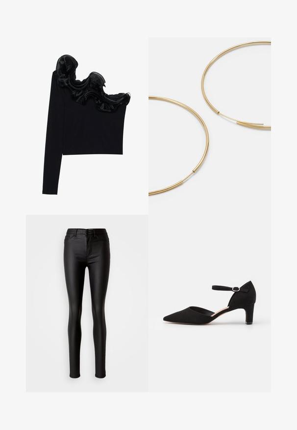 Black one-shoulder top featuring a ruffled sheer overlay along the neckline, made from lightweight fabric with a smooth texture.; Black faux leather skinny jeans with a smooth texture, high waist, button closure, and traditional five-pocket design.; Black suede pump with a pointed toe, ankle strap featuring a circular buckle, and a low block heel. Smooth texture and minimalist design.; Gold-colored hoop earrings, thin and round in shape, with a smooth metallic finish and no embellishments or patterns.; Black leather wallet with a fold-over flap, gold hardware, featuring a logo accent. Includes a detachable strap for carrying.