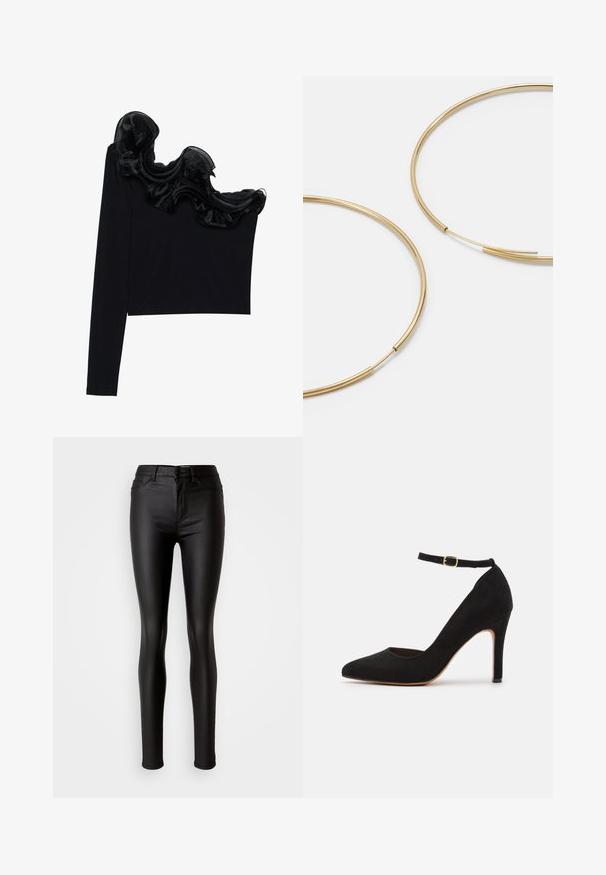 Čierny top na jedno rameno s volánkovým priesvitným prešívaním pozdĺž dekoltu, vyrobený z ľahkej tkaniny s hladkou textúrou.; Čierne skinny jeans z umelého kože s hladkou textúrou, vysokým pásom, zapínaním na gombík a tradičným päťvreckovým dizajnom.; Čierna semišová vysoká podpätková topánka s ostrou špičkou a remienkom okolo členka. Obsahuje zlatú pracku a štíhly, zúžený podpätok.; Zlaté kruhové náušnice, tenké a okrúhleho tvaru, s hladkým kovovým povrchom a bez ozdôb alebo vzorov.; Čierna kožená peňaženka s preklápacou klopou, zlatými kovovými detailmi a logom. Obsahuje odnímateľný popruh na nosenie.