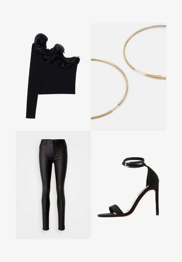 Schwarzes Top mit einem Schulterträger, das mit einem rüschenartigen, transparenten Überzug entlang des Ausschnitts versehen ist, aus leichtem Material mit glatter Textur gefertigt.; Schwarze, enganliegende Skinny Jeans aus Kunstleder mit glatter Textur, hoher Taille, Knopfverschluss und traditionellem Fünf-Taschen-Design.; Schwarze Wildleder-High-Heel-Sandalen mit einem einfachen Riemendesign, offener Zehe und einem Knöchelriemen mit einer silbernen Schnalle.; Goldfarbene Ohrringe in Form von dünnen, runden Kreolen, mit einer glatten, metallischen Oberfläche und ohne Verzierungen oder Muster.; Schwarze Leder-Geldbörse mit Klappverschluss, goldfarbener Hardware und Logo-Akzent. Inklusive abnehmbarem Trageriemen.