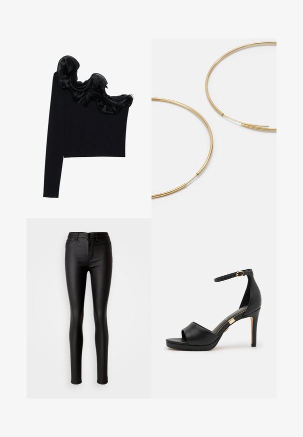 Musta yksi olkapäätoppi, jossa on röyhelöinen läpikuultava päällyste kaula-aukossa, valmistettu kevyestä materiaalista, jossa on sileä rakenne.; Musta tekonahasta valmistetut kapeat farkut, joissa on sileä pinta, korkea vyötärö, nappisulku ja perinteinen viiden taskun muotoilu.; Mustat nahkakengät korkokenkien sandaalit, joissa on avoin varvas ja nilkkahihna. Ominaisuuksina sileä pinta, kultasävyinen yksityiskohta kannan lähellä ja kaareva muotoilu.; Kultaiset rengaskorvakorut, ohuet ja pyöreät, joissa on sileä metallipinta ilman koristeluja tai kuvioita.; Mustavärinen nahkalompakko, jossa on käännettävä läppä, kultaiset yksityiskohdat ja logoakseli. Mukana irrotettava olkahihna kuljetusta varten.