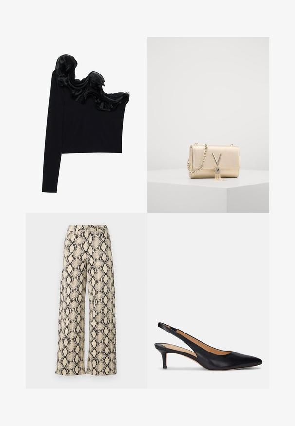 Must have ühe õlavarraga tops, millel on volangne sihvakate kaudu kaeluse ääres, valmistatud kergetest kangastest, millel on sile tekstuur.; Laiad püksid kreemi- ja musta kärgprintidega. Valmistatud tekstureeritud kangast, kõrge talje ja esikottidega.; Must musta slingback kingad terava ninaga, madala kassi kontsaga ja siledast tekstuurist. Omab avatud selga ja minimaalset õmblemise detaili.; Kuldne metallist käekott tekstureeritud viimistlusega, mis sisaldab kettrihma ja V-kujulist lukku, millel on tümpude detail. Kompaktne ristkülikukujuline kuju.