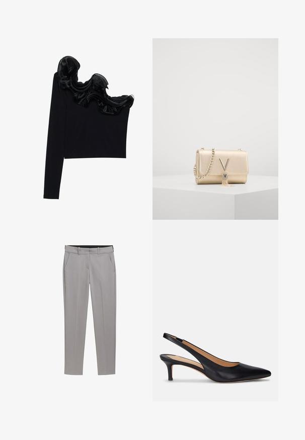 Fekete, egy vállat szabadon hagyó felső, fodros, áttetsző overlay résszel a nyakvonal mentén, könnyű anyagból készült, sima tapintással.; TOM TAILOR MIA SLIM - Vászonnadrágok - explicit grey; Fekete bőr csatolt pumpa hegyes orral, alacsony, kis sarokkal és sima textúrával. Jellemzője a nyitott hátsó rész és a minimális varrási részletek.; Arany fémes kézitáska texturált felülettel, lánchordóval és egy V-alakú zárral, amelyhez bojt részlet tartozik. Kompakt, téglalap alakú.