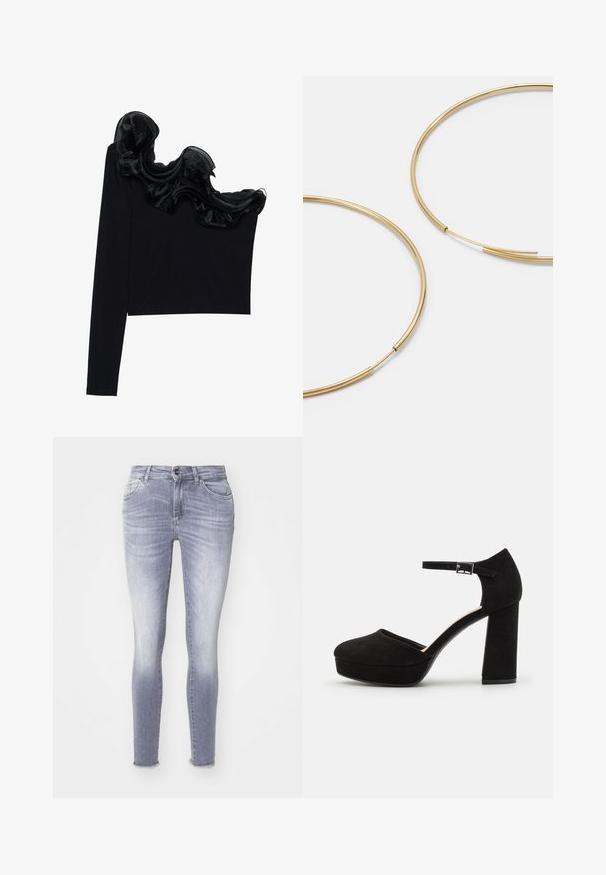 Zwarte tops met één schouder, voorzien van een ruffled doorzichtige overlay langs de halslijn, gemaakt van lichtgewicht stof met een gladde textuur.; Skinny jeans in lichtblauwe denim, met een vervaagde wassing, vijf zakken en een rafelige zoom. Subtiele stikdetails door het hele kledingstuk.; Zwarte suède plateauhakken met een dikke blokhak, ronde neus en enkelbandje dat is beveiligd met een metalen gesp. Zachte textuur overal.; Gouden oorringen, dun en rond van vorm, met een gladde metallic afwerking en zonder versieringen of patronen.; Zwarte leren portemonnee met een opklapbare flap, gouden hardware en een logo-accent. Inclusief een afneembare strap voor het dragen.