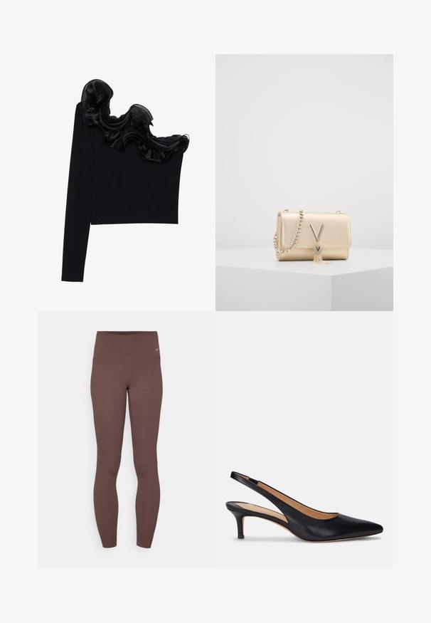 Top negru cu un umăr, având un overlay transparent și ondulat pe guler, confecționat dintr-un material ușor, cu o textură netedă.; Colanți maro cu talie înaltă, fabricați dintr-un material elastic, având o textură fină și un logo mic pe partea de sus.; Pantofii slingback din piele neagră, cu vârful ascuțit, tocul mic și o textură netedă. Au un design cu spatele deschis și detalii de cusătură minime.; Geantă de umăr metalizată aurie cu un finisaj texturat, dotată cu o curea din lanț și un închizător în formă de V cu un detaliu de ciucure. Formă compusă, rectangulară și compactă.
