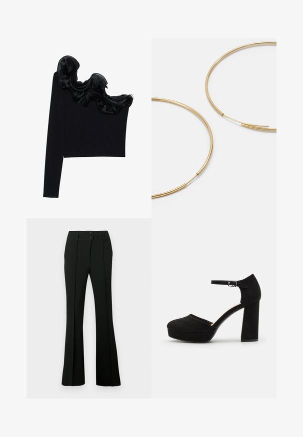 Must have ühe õlavarraga tops, millel on volangne sihvakate kaudu kaeluse ääres, valmistatud kergetest kangastest, millel on sile tekstuur.; Mustad laienevad püksid, millel on sile kangas, kõrge vöökoht kahe nööbiga ja ees voldid, mis annavad kohandatud välimuse.; Mustad nubukist platvormi kõrged kontsad, millel on paks plokknina, ümmargune varvas ja pahkluu rihm, mis on kinnitatud metallist sanga abil. Ühtlane sile tekstuur.; Kulla värvi nõelad, õhukesed ja ümmargused, millel on sile metallist pind ja ilma kaunistuste või mustriteta.; Must mustra rahakott, millel on voltimisega klapp, kuldne riistvaraga, ning millel on logo aktsent. Sisaldab eemaldatavat rihma kandmiseks.