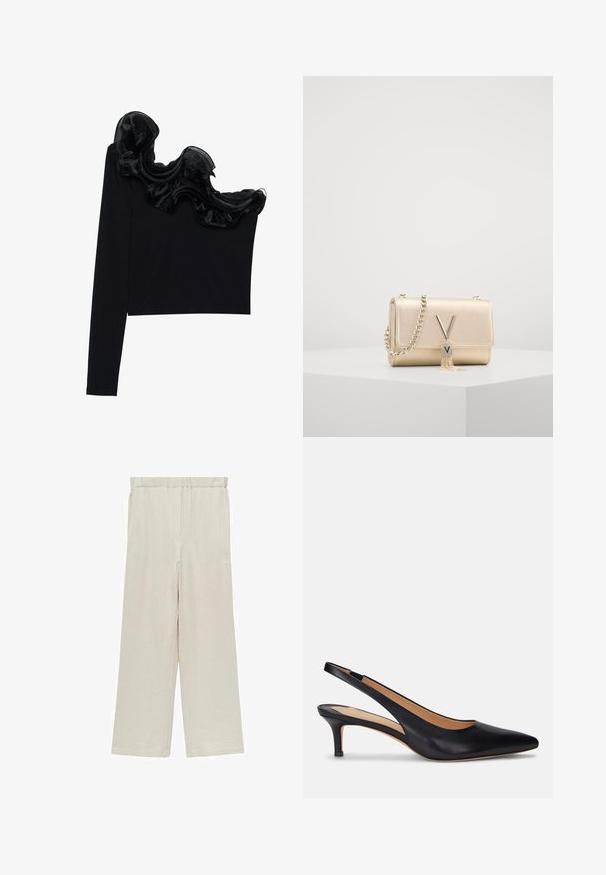 Top negru cu un umăr, având un overlay transparent și ondulat pe guler, confecționat dintr-un material ușor, cu o textură netedă.; Pantaloni largi de culoare bej deschis, realizați dintr-un material texturat. Au un brâu elastic și două buzunare laterale pentru mai multă practicitate.; Pantofii slingback din piele neagră, cu vârful ascuțit, tocul mic și o textură netedă. Au un design cu spatele deschis și detalii de cusătură minime.; Geantă de umăr metalizată aurie cu un finisaj texturat, dotată cu o curea din lanț și un închizător în formă de V cu un detaliu de ciucure. Formă compusă, rectangulară și compactă.