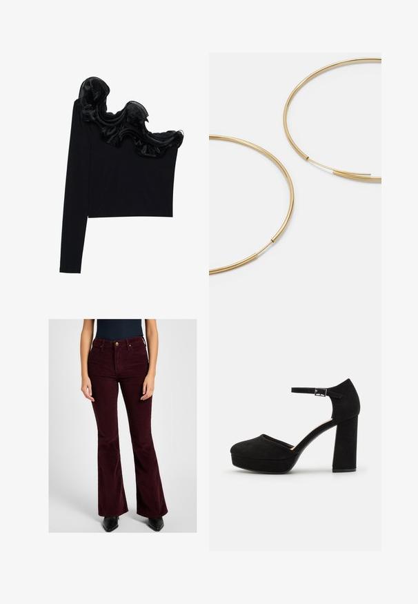 Zwarte tops met één schouder, voorzien van een ruffled doorzichtige overlay langs de halslijn, gemaakt van lichtgewicht stof met een gladde textuur.; Bordeaux corduroy-flared broeken met voorzakken, een rits met een knoopsluiting en een gestructureerde afwerking.; Zwarte suède plateauhakken met een dikke blokhak, ronde neus en enkelbandje dat is beveiligd met een metalen gesp. Zachte textuur overal.; Gouden oorringen, dun en rond van vorm, met een gladde metallic afwerking en zonder versieringen of patronen.; Zwarte leren portemonnee met een opklapbare flap, gouden hardware en een logo-accent. Inclusief een afneembare strap voor het dragen.