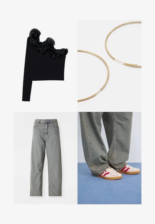 Juodas vieno peties marškinėlis su raukšlėtu permatomu apdaila aplink kaklą, pagamintas iš lengvos medžiagos su glotnia tekstūra.; Šviesiai pilki džinsai su tiesiu kirpimu, turintys priekinį mygtuko uždarymą, penkias kišenes ir švelnų blukimą.; Baltos sportinės bateliai su raudonomis juostelėmis, tekstūruotas kanapių viršus, apvalus nose, plokščias gumos padas, derinami su laisvomis, išblukusiomis mėlynomis džinsinio audinio kelnėmis.; Aukso spalvos žiedo auskarai, ploni ir apvalūs, su lygiu metaliniu paviršiumi be papuošimų ar raštų.; Juodas odinis piniginė su užlenkiama sklende, auksinėmis detalėmis, su logotipo akcentu. Įeina nuimamas diržas nešiojimui.