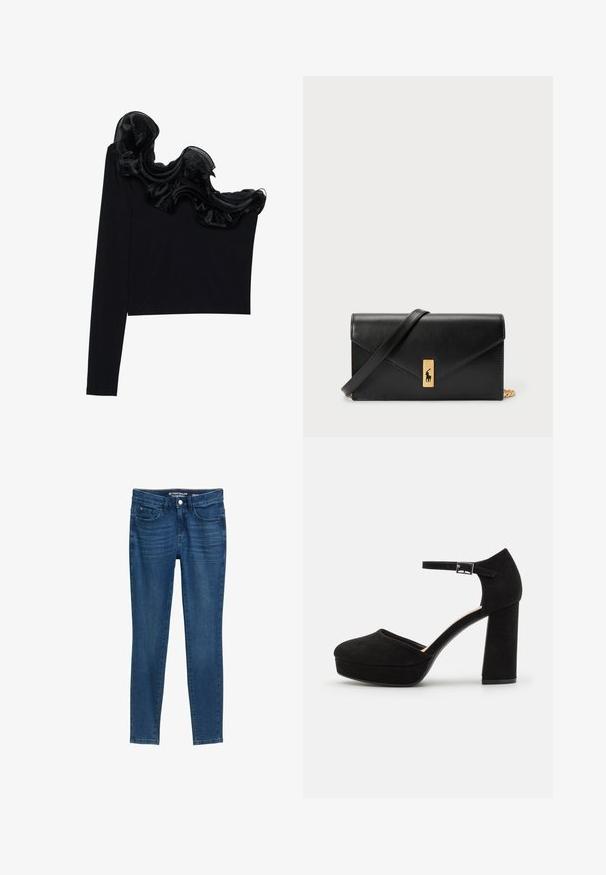 Must have ühe õlavarraga tops, millel on volangne sihvakate kaudu kaeluse ääres, valmistatud kergetest kangastest, millel on sile tekstuur.; Tumed sinised teksad stiilse istuvusega. Omavad klassikalist viie tasku disaini, nööbikinnitust ja õmblusdetailide rõhku. Sile tekstuur.; Mustad nubukist platvormi kõrged kontsad, millel on paks plokknina, ümmargune varvas ja pahkluu rihm, mis on kinnitatud metallist sanga abil. Ühtlane sile tekstuur.; Must mustra rahakott, millel on voltimisega klapp, kuldne riistvaraga, ning millel on logo aktsent. Sisaldab eemaldatavat rihma kandmiseks.