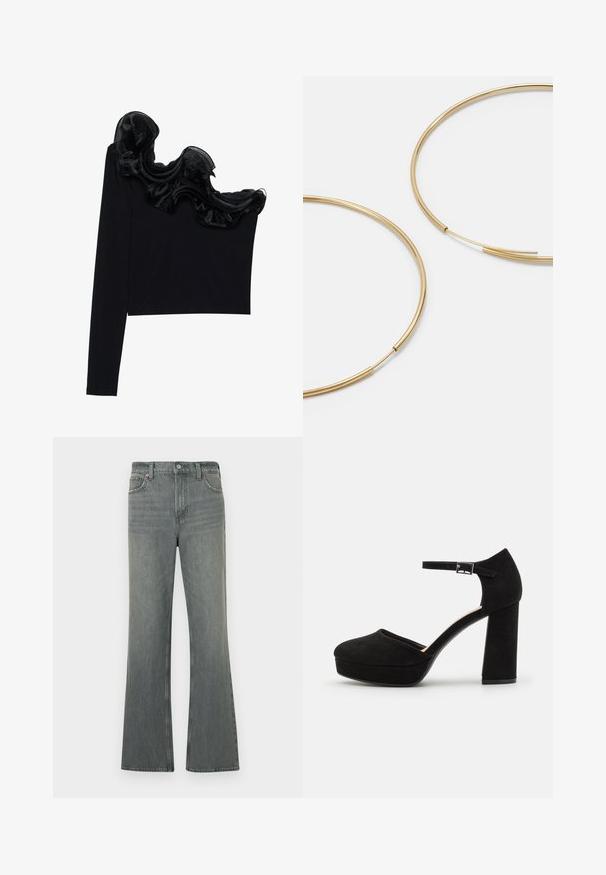 Zwarte tops met één schouder, voorzien van een ruffled doorzichtige overlay langs de halslijn, gemaakt van lichtgewicht stof met een gladde textuur.; Grijze high-waisted straight-leg denim jeans met knoop- en ritssluiting, voorzakken en riemlussen.; Zwarte suède plateauhakken met een dikke blokhak, ronde neus en enkelbandje dat is beveiligd met een metalen gesp. Zachte textuur overal.; Gouden oorringen, dun en rond van vorm, met een gladde metallic afwerking en zonder versieringen of patronen.