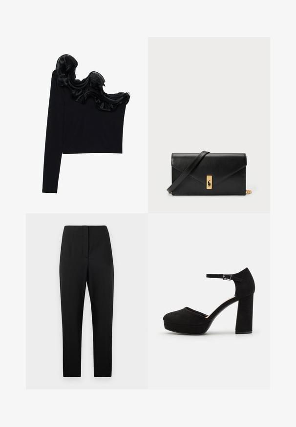 Black one-shoulder top featuring a ruffled sheer overlay along the neckline, made from lightweight fabric with a smooth texture.; Black tailored trousers with a smooth texture, tapered legs, front pleats, and a concealed front closure. No visible pockets.; Black suede platform heels with a thick block heel, rounded toe, and ankle strap secured by a metal buckle. Smooth texture throughout.; Black leather wallet with a fold-over flap, gold hardware, featuring a logo accent. Includes a detachable strap for carrying.