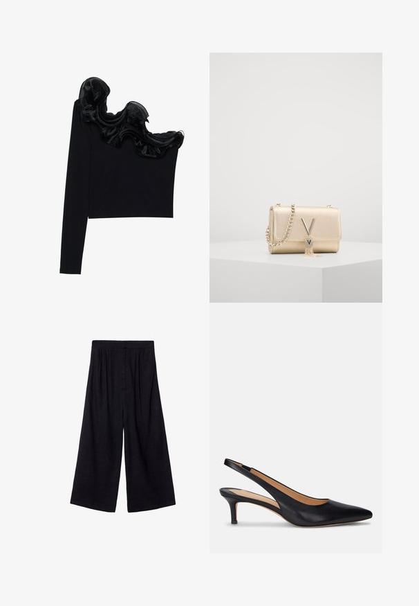 Černý top na jedno rameno s volánkovým průhledným přehozem v oblasti výstřihu, vyrobený z lehkého materiálu s hladkou texturou.; Černé široké kalhoty vyrobené z lehké látky, se zvýšeným pasem a sklady pro větší texturu a pohyb.; Černé kožené lodičky na slingback s špičatou špičkou, nízkým jehlovým podpatkem a hladkým povrchem. Má otevřenou zadní část a minimální švy.; Zlatá metalická kabelka s textura povrchem, která má řetízkový popruh a V-šroubový uzávěr s detailem třásní. Kompaktní obdélníkový tvar.