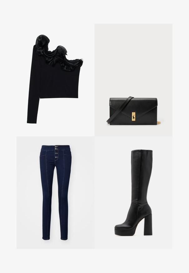 Must have ühe õlavarraga tops, millel on volangne sihvakate kaudu kaeluse ääres, valmistatud kergetest kangastest, millel on sile tekstuur.; Tumedad sinised kitsad teksapüksid, millel on kõrge vöökoht, viie nupuga kinnitamine, kontrastne õmblus ja ees olevad taskud.; Mustad kõrge säärega saapad, mis on valmistatud siledast nahast tekstureeritud viimistlusega, millel on kõrge plokkkonts ja ümar varvas. ; Must mustra rahakott, millel on voltimisega klapp, kuldne riistvaraga, ning millel on logo aktsent. Sisaldab eemaldatavat rihma kandmiseks.