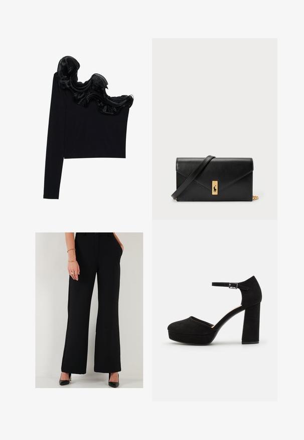 Zwarte tops met één schouder, voorzien van een ruffled doorzichtige overlay langs de halslijn, gemaakt van lichtgewicht stof met een gladde textuur.; Zwarte bredere broek van gladde stof met voorzakken, voorzien van een aansluitende tailleband en een knoopsluiting aan de voorkant.; Zwarte suède plateauhakken met een dikke blokhak, ronde neus en enkelbandje dat is beveiligd met een metalen gesp. Zachte textuur overal.; Zwarte leren portemonnee met een opklapbare flap, gouden hardware en een logo-accent. Inclusief een afneembare strap voor het dragen.