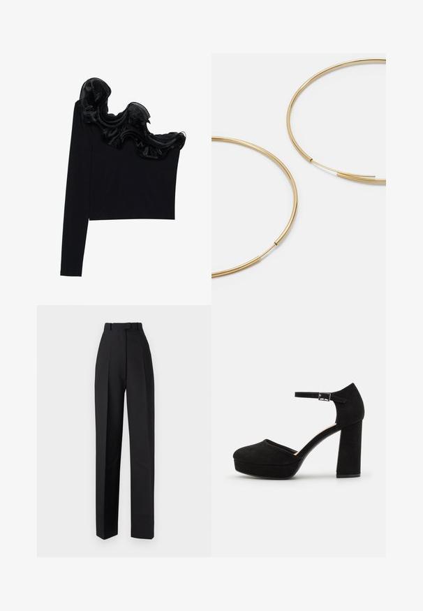 Čierny top na jedno rameno s volánkovým priesvitným prešívaním pozdĺž dekoltu, vyrobený z ľahkej tkaniny s hladkou textúrou.; Čierne vysoké nohavice s záhybmi, s upraveným strihom a rovnými nohavicami. Vyrobené z hladkej látky, s minimálnymi detailmi.; Čierne semišové platformové opätky s hrubým blokovým opätkom, zaoblenou špičkou a remienkom okolo členka zabezpečeným kovovou prackou. Hladký povrch po celom obvode.; Zlaté kruhové náušnice, tenké a okrúhleho tvaru, s hladkým kovovým povrchom a bez ozdôb alebo vzorov.; Čierna kožená peňaženka s preklápacou klopou, zlatými kovovými detailmi a logom. Obsahuje odnímateľný popruh na nosenie.