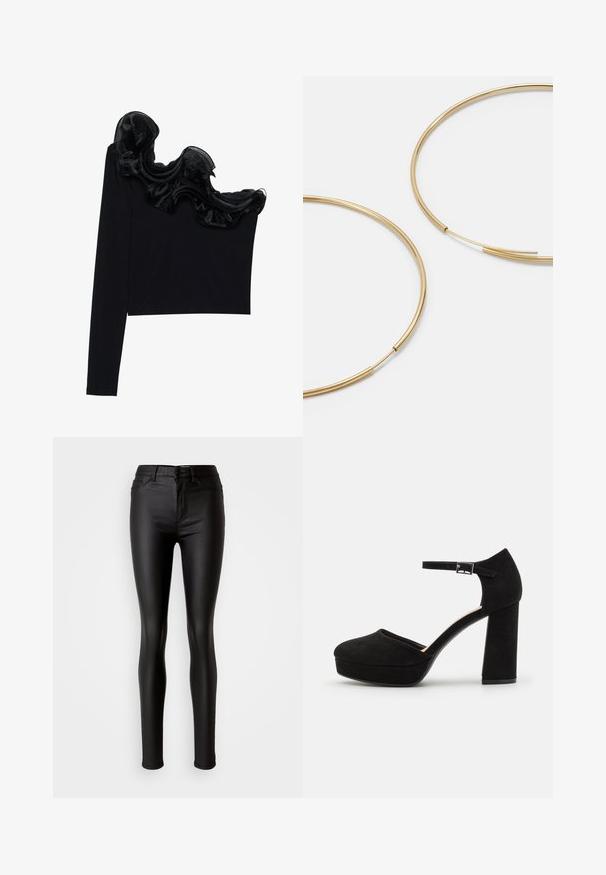 Černý top na jedno rameno s volánkovým průhledným přehozem v oblasti výstřihu, vyrobený z lehkého materiálu s hladkou texturou.; Černé skinny džíny z umělé kůže s hladkým povrchem, vysokým pasem, zapínáním na knoflík a tradičním pěti-pocket designem.; Černé zamšové platformové podpatky s širokým blokovým podpatkem, zaoblenou špičkou a kotníkovým páskem, který je zajištěn kovovou sponou. Hladký povrch po celém obvodu.; Zlaté kruhové náušnice, tenké a kulaté, s hladkým kovovým povrchem a bez zdobení či vzorů.; Černá kožená peněženka s překlopným víkem, zlatými prvky a logem. Obsahuje odnímatelný popruh pro nošení.