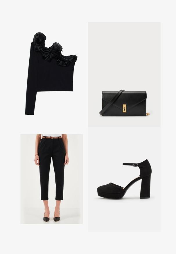 Fekete, egy vállat szabadon hagyó felső, fodros, áttetsző overlay résszel a nyakvonal mentén, könnyű anyagból készült, sima tapintással.; Fekete, magas derekú nadrág, amely fokozatosan szűkül, elöl redőkkel és barna övvel. Fekete, hegyes sarkú cipővel párosítva.; Fekete velúr platform sarkú cipők vastag, blokksarkúval, lekerekített orral és fémcsattal rögzített bokapánttal. Simább textúrájú egész terjedelemben.; Fekete bőr pénztárca hajtható fedéllel, aranyszínű kiegészítőkkel, logóval díszítve. Levehető pánttal a könnyű hordozás érdekében.