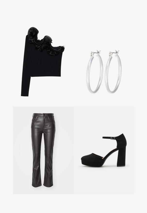 Juodas vieno peties marškinėlis su raukšlėtu permatomu apdaila aplink kaklą, pagamintas iš lengvos medžiagos su glotnia tekstūra.; Juodos odinės kelnės su liesu siluetu, vidutinio aukščio juosmeniu, priekinėmis kišenėmis ir subtiliais siuvinėjimo akcentais. Blizgus paviršius ir platėjantis apdaila.; Juodi zomšiniai platforminiai kulniukai su storu bloku kulnu, apvalia nosimi ir čiurnos dirželiu, kuris pritvirtintas metaliniu užsegimu. Visoje apavo tekstūra lygi.; Sidabriniai auskarai su sklandžiu, poliruotu paviršiumi. Apvalios formos ir saugus uždarymo mechanizmas. Lengvas dizainas, tinkantis kasdieniam dėvėjimui.; Juodas odinis piniginė su užlenkiama sklende, auksinėmis detalėmis, su logotipo akcentu. Įeina nuimamas diržas nešiojimui.