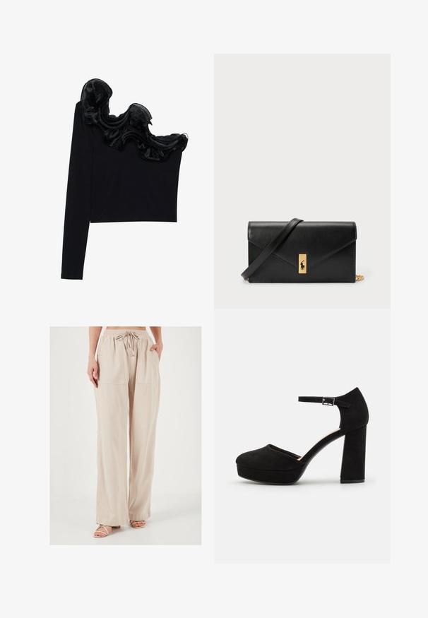 Juodas vieno peties marškinėlis su raukšlėtu permatomu apdaila aplink kaklą, pagamintas iš lengvos medžiagos su glotnia tekstūra.; Šviesiai rudos plačių kojų kelnės, pagamintos iš lengvos medžiagos, su elastinga juosta ir raišteliu. Yra dvi didelės priekinės kišenės.; Juodi zomšiniai platforminiai kulniukai su storu bloku kulnu, apvalia nosimi ir čiurnos dirželiu, kuris pritvirtintas metaliniu užsegimu. Visoje apavo tekstūra lygi.; Juodas odinis piniginė su užlenkiama sklende, auksinėmis detalėmis, su logotipo akcentu. Įeina nuimamas diržas nešiojimui.