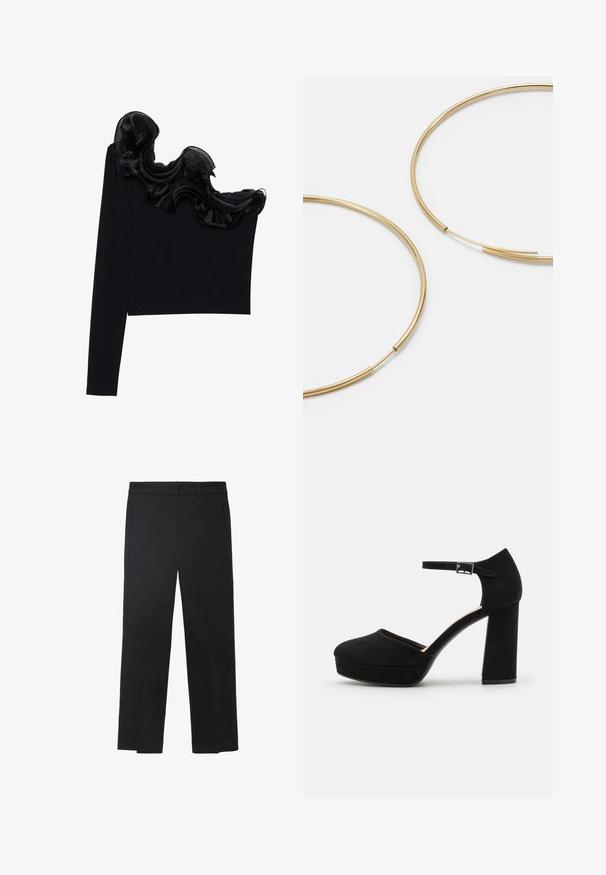 Čierny top na jedno rameno s volánkovým priesvitným prešívaním pozdĺž dekoltu, vyrobený z ľahkej tkaniny s hladkou textúrou.; Čierne nohavice vyrobené z hladkej tkaniny, so strihom s rovnými nohavicami, prednými vreckami a plochým pásom bez viditeľnej kovania alebo ozdôb.; Čierne semišové platformové opätky s hrubým blokovým opätkom, zaoblenou špičkou a remienkom okolo členka zabezpečeným kovovou prackou. Hladký povrch po celom obvode.; Zlaté kruhové náušnice, tenké a okrúhleho tvaru, s hladkým kovovým povrchom a bez ozdôb alebo vzorov.