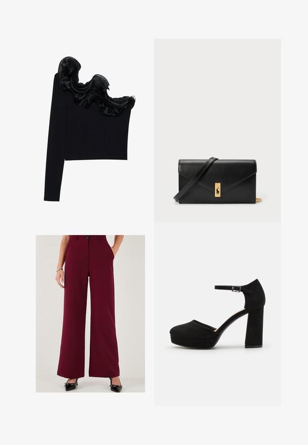 Schwarzes Top mit einem Schulterträger, das mit einem rüschenartigen, transparenten Überzug entlang des Ausschnitts versehen ist, aus leichtem Material mit glatter Textur gefertigt.; Burgunderfarbene, weit geschnittene Hose aus glattem Stoff mit hoher Taille, vorne mit Knopfverschluss und seitlichen Taschen. Kombiniert mit schwarzen Hochhackigen.; Schwarze Wildleder-Plattformabsätze mit einem dicken Blockabsatz, runder Zehenpartie und einem Knöchelriemen, der mit einer Metallschnalle gesichert ist. Glatte Oberfläche über das gesamte Schuhwerk.; Schwarze Leder-Geldbörse mit Klappverschluss, goldfarbener Hardware und Logo-Akzent. Inklusive abnehmbarem Trageriemen.