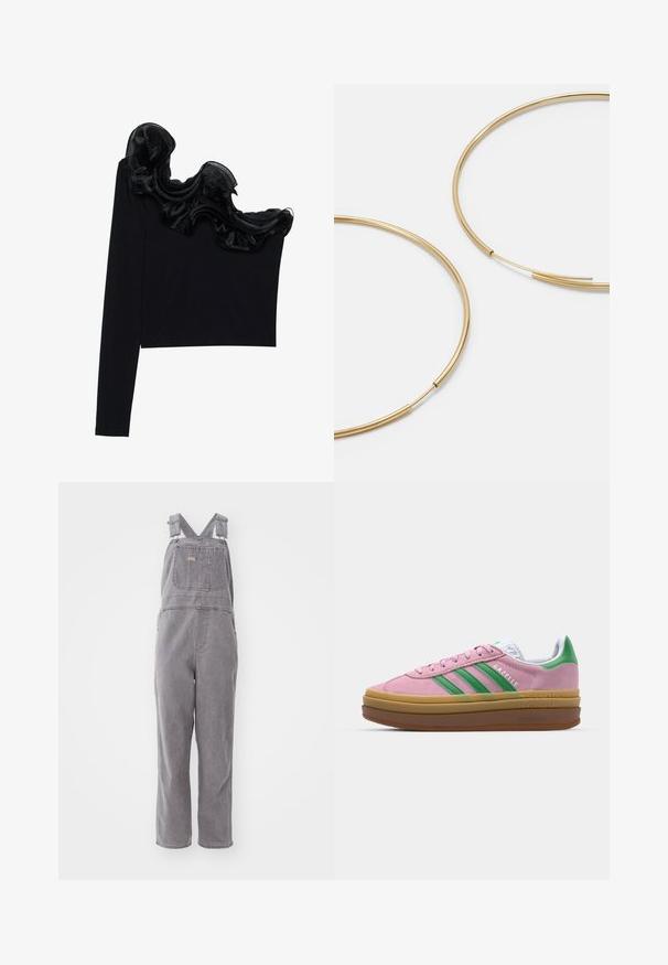 Juodas vieno peties marškinėlis su raukšlėtu permatomu apdaila aplink kaklą, pagamintas iš lengvos medžiagos su glotnia tekstūra.; Pilkos džinsinės kombinezono kelnės su reguliuojamomis petnešomis, priekinė kišenė ir laisvas siluetas. Tiesaus kirpimo sijonai ir vientisa spalva visame kombinezone.; Rožinės zomšinės sportbačiai su žaliomis juostelėmis, baltais akcentais ir ruda guma. Yra tekstūruota medžiaga ir logo detalės ant šono.; Aukso spalvos žiedo auskarai, ploni ir apvalūs, su lygiu metaliniu paviršiumi be papuošimų ar raštų.; Juodas odinis piniginė su užlenkiama sklende, auksinėmis detalėmis, su logotipo akcentu. Įeina nuimamas diržas nešiojimui.