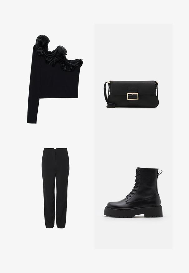 Črn top z enojnim ramenom, ki ima ruffle prosojno prevleko ob izrezu, narejen iz lahkega materiala z gladko teksturo.; Črne hlače s ravnim krojem, ki imajo dva sprednja žepa in gladko teksturo. Diskretni šivi na sprednji strani.; Črne usnjene gležnjarje z okroglo konico, vezalnim sprednjim delom in debelim gumijastim podplatom z teksturiranim profilom. Zanka na hrbtni strani.; Črna usnjena torbica na preklop z zlato kovinsko zaponko. Vključuje črn trak in eleganten, minimalističen dizajn.; Zlate obroče ušesne uhane, tanke in krožne oblike, z gladko kovinsko površino brez okrasnih elementov ali vzorcev.
