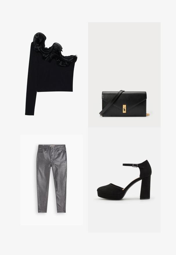 Must have ühe õlavarraga tops, millel on volangne sihvakate kaudu kaeluse ääres, valmistatud kergetest kangastest, millel on sile tekstuur.; Metallikhallid teksad, kitsas lõige, viie taskuga disain ja kerge sära. Valmistatud denimilaadsest materjalist, millel on nööbi ja lukuga sulgemine.; Mustad nubukist platvormi kõrged kontsad, millel on paks plokknina, ümmargune varvas ja pahkluu rihm, mis on kinnitatud metallist sanga abil. Ühtlane sile tekstuur.; Must mustra rahakott, millel on voltimisega klapp, kuldne riistvaraga, ning millel on logo aktsent. Sisaldab eemaldatavat rihma kandmiseks.