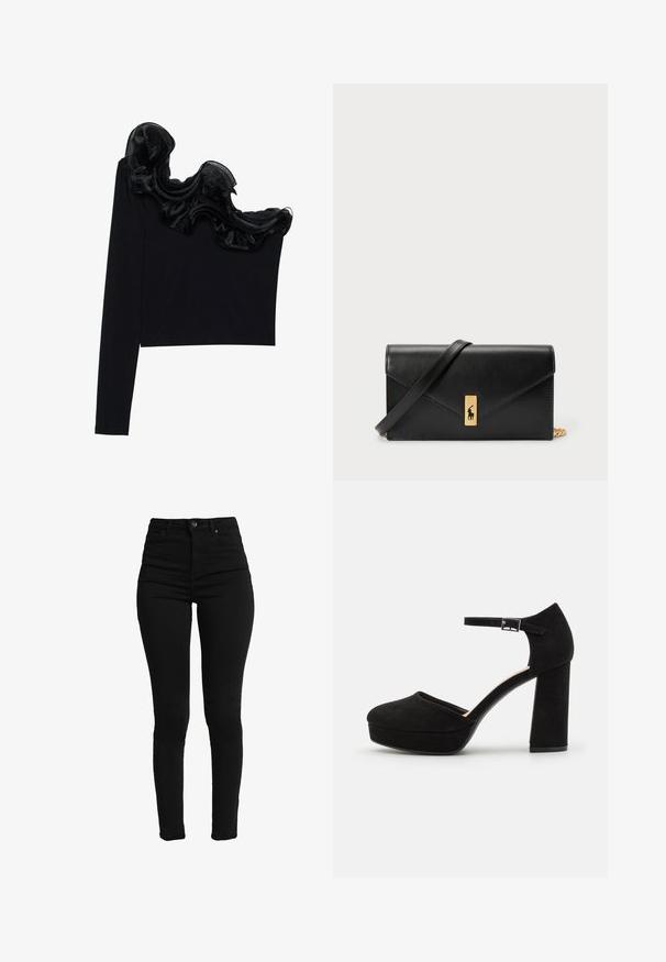 Top preto de um ombro só com uma sobreposição transparente em babados ao longo da gola, feito de um tecido leve com uma textura suave.; Calças de ganga skinny pretas de cintura alta, feitas de denim elástico, com um botão frontal, fecho de correr e cinco bolsos para funcionalidade.; Sapatos de salto alto de camurça preta com uma plataforma e um salto bloco grosso, bico redondo e tiras no tornozelo seguras por uma fivela de metal. Textura suave por toda a parte.; Carteira de couro preto com aba dobrável, ferragens douradas, apresentando um detalhe com logo. Inclui uma alça destacável para transporte.