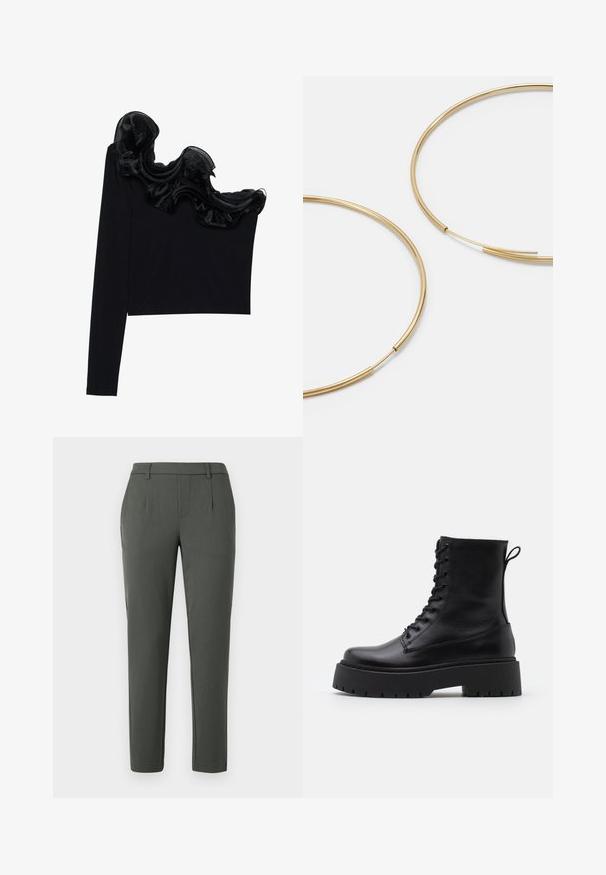 Must have ühe õlavarraga tops, millel on volangne sihvakate kaudu kaeluse ääres, valmistatud kergetest kangastest, millel on sile tekstuur.; Tumed rohelised püksid, mis on väljakuulutatud sobivusega, sisaldavad kahe küljetaskut, lukuga eesmikku ja volditud detaile struktuurse disaini jaoks.; Mustad mustad nahast pahkluu saapad ümarate varvastega, nööridega esiosas ja paksu kummist talla ning tekstuuritud mustriga. Tagumine tõmbeaas.; Kulla värvi nõelad, õhukesed ja ümmargused, millel on sile metallist pind ja ilma kaunistuste või mustriteta.; Must mustra rahakott, millel on voltimisega klapp, kuldne riistvaraga, ning millel on logo aktsent. Sisaldab eemaldatavat rihma kandmiseks.