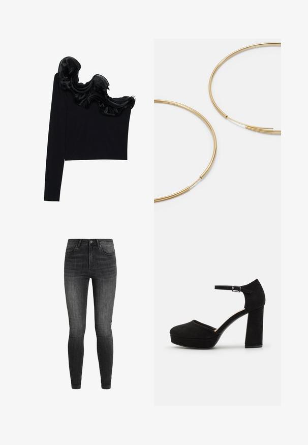 Must have ühe õlavarraga tops, millel on volangne sihvakate kaudu kaeluse ääres, valmistatud kergetest kangastest, millel on sile tekstuur.; Mustad mustad teksased, kõrge vöökoht, viis taskut, klassikaline õmblus ja peen tuhmumine tekstuuri jaoks.; Mustad nubukist platvormi kõrged kontsad, millel on paks plokknina, ümmargune varvas ja pahkluu rihm, mis on kinnitatud metallist sanga abil. Ühtlane sile tekstuur.; Kulla värvi nõelad, õhukesed ja ümmargused, millel on sile metallist pind ja ilma kaunistuste või mustriteta.; Must mustra rahakott, millel on voltimisega klapp, kuldne riistvaraga, ning millel on logo aktsent. Sisaldab eemaldatavat rihma kandmiseks.