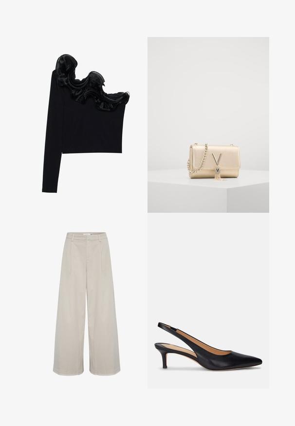 Top negru cu un umăr, având un overlay transparent și ondulat pe guler, confecționat dintr-un material ușor, cu o textură netedă.; Pantaloni largi de culoare bej deschis, confecționați dintr-un material neted, având talie înaltă, două pliuuri frontale și margini curate, cusute.; Pantofii slingback din piele neagră, cu vârful ascuțit, tocul mic și o textură netedă. Au un design cu spatele deschis și detalii de cusătură minime.; Geantă de umăr metalizată aurie cu un finisaj texturat, dotată cu o curea din lanț și un închizător în formă de V cu un detaliu de ciucure. Formă compusă, rectangulară și compactă.
