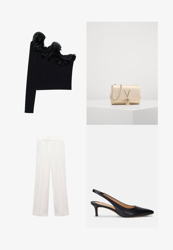 Black one-shoulder top featuring a ruffled sheer overlay along the neckline, made from lightweight fabric with a smooth texture.; White wide-leg trousers made of lightweight fabric, featuring a high waist, pleats, and a tailored design. Smooth texture with a clean finish.; Black leather slingback pump with a pointed toe, low kitten heel, and smooth texture. Features an open back design and minimal stitching details.; Gold metallic handbag with a textured finish, featuring a chain strap and a V-shaped clasp with a tassel detail. Compact rectangular shape.