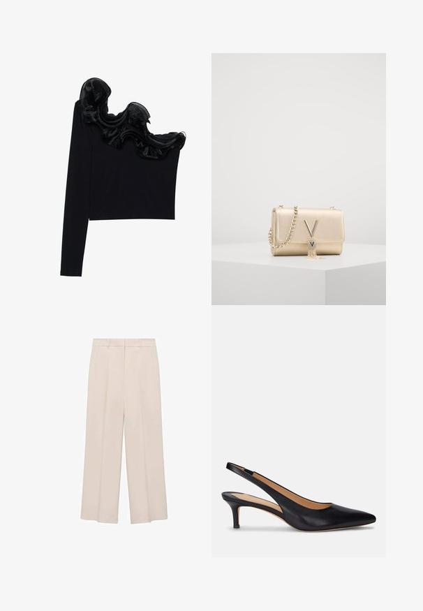 Top nero a spalla singola con sovrapposizione trasparente arricciata lungo il collo, realizzato in tessuto leggero con una texture morbida.; Mango Pantaloni - off-white; Pump slingback in pelle nera con punta affilata, tacco kitten basso e texture liscia. Presenta un design con schiena aperta e dettagli di cucitura minimi.; Borsa a mano metallica dorata con finitura texturizzata, dotata di una tracolla a catena e di una chiusura a forma di V con un dettaglio a frangia. Forma rettangolare compatta.