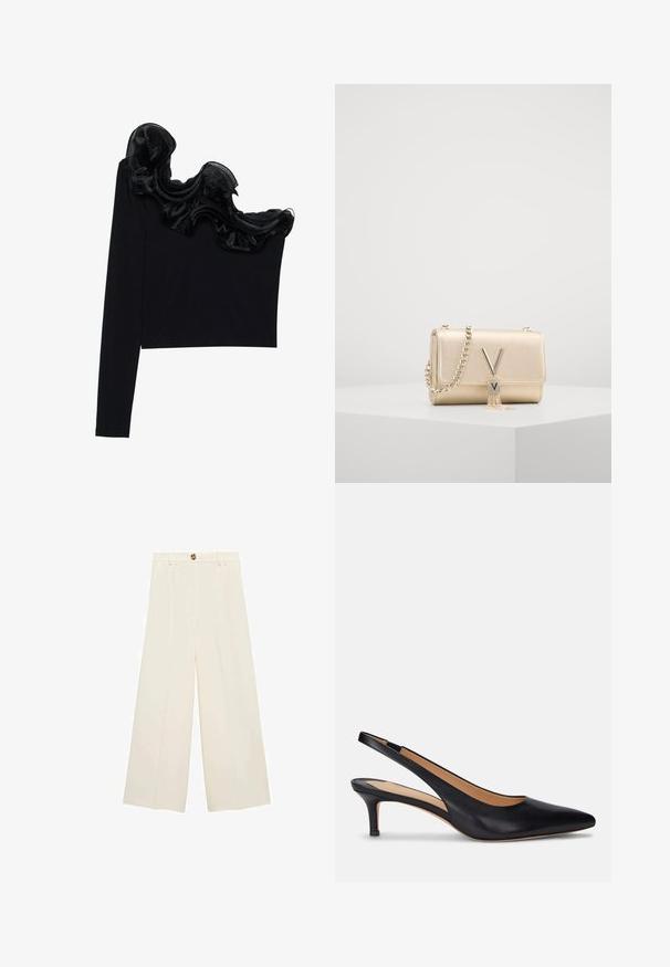 Črn top z enojnim ramenom, ki ima ruffle prosojno prevleko ob izrezu, narejen iz lahkega materiala z gladko teksturo.; Kremne široke hlače z visokim pasom, z gumbom za zapiranje in gladko teksturo brez vidnih vzorcev ali okrasov.; Črne usnjene čevlje na peto s koničastim nosom, nizko kitten peto in gladko teksturo. Imajo odprto zasnovo na zadnji strani in minimalne šive.; Zlatna metalna torbica z strukturirano površino, opremljena s verižnim ročajem in V-oblikovanim zapiranjem s detajlom resice. Kompaktna pravokotna oblika.