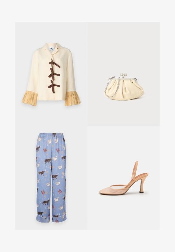 Sleeper CRUSOE SHIRT - Button-down blouse - white asparagus; Blue pajama pants with a whimsical pattern featuring cows, mythical creatures, and celestial elements; elastic waistband and wide legs.; Nude mesh slingback heel with a pointed toe, slender ankle strap, and a stiletto heel featuring a black accent at the base.; Pleated beige leather clutch with a silver metal frame, featuring two round decorative clasps and a silver chain strap.