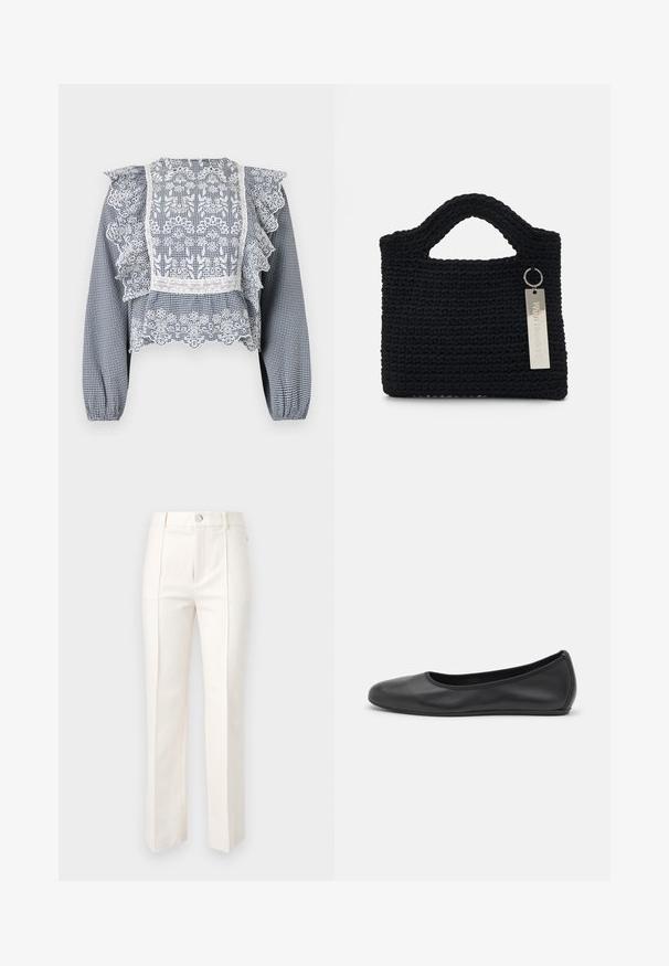 Marineblauw en witte geruite blouse met kantdetails, gerimpelde mouwen, een peplumzoom en elastische manchetten, gemaakt van lichtgewicht stof.; Witte rechte broek in katoenmix, met een gladde textuur, twee voorplooien en een tailleband met een enkele knoopsluiting.; Zwarte leren ballerina met een ronde neus, gladde textuur, minimale stikdetails en een flexibele zoolontwerp.; Won Hundred MARSIELLE COMPUTER BAG UNISEX - Laptoptas - black