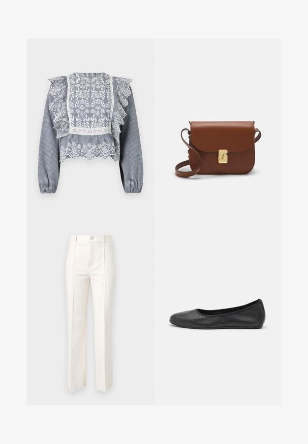 Blusa a quadri blu navy e bianca con dettagli in pizzo, maniche a volant, orlo peplum e polsini elasticizzati, realizzata in tessuto leggero.; Pantaloni bianchi a gamba dritta in misto cotone, caratterizzati da una texture liscia, due pieghe frontali e una vita con cinturino a chiusura con un solo bottone.; Pantofole da balletto nere in pelle con punta arrotondata, texture liscia, dettagli di cucitura minimi e design con suola flessibile.; Borsa a tracolla in pelle marrone con chiusura a pattina, hardware color oro, tracolla e una finitura liscia. Forma rettangolare compatta.