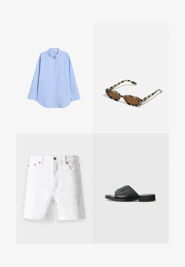 Lys blå skjorte med knapper og vertikale hvide striber, spidse kraver, lange ærmer og afrundet kant. Lavet af glat stof med en afslappet pasform.; Hvide denimshorts med klassisk design, fem-lomme stil, kobberknap-detaljer og en let tekstureret stoffinish.; Sorte læder slide sandaler med en glat tekstur, åben tå, bred rem-design og en flad gummisål.; Sellebriller i skildpaddesmønster med ovale linser, brun toning og tynde mønstrede sider. Letvægts plastikmateriale med subtile guldfarvede accenter.; Brun læder tote bag med to forlængede håndtag, struktureret rektangulær form, glat overflade og subtile syninger.; Sølvring med dobbeltbånd og en glat, poleret overflade. Den har et flydende, buet design med overlappende sektioner for et moderne udtryk.