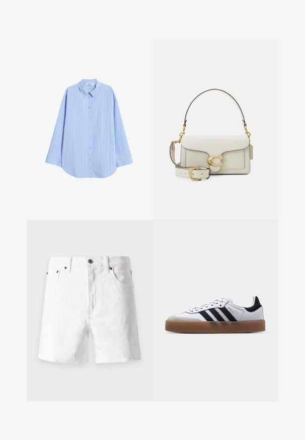 Jasnoniebieska koszula zapinana na guziki z pionowymi białymi paskami, z pointed kołnierzem, długimi rękawami oraz zaokrąglonym dołem. Wykonana z gładkiego materiału w luźnym kroju.; Białe szorty dżinsowe o klasycznym fasonie, pięć kieszeni, mosiężne guziki oraz lekko teksturowane wykończenie materiału.; Białe skórzane sneakersy z czarnymi paskami, gumowa podeszwa, okrągły czubek, sznurowane zapięcie oraz miękką szaro-suede'ową osłonę czubka.; Biała skórzana torebka z złotymi okuciami, wyposażona w klapę zamykającą oraz odpinany, regulowany pasek. Okrągły metalowy element ozdobny na środku.