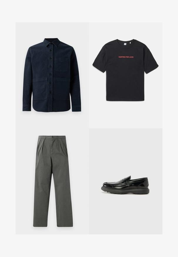 Tumši zili krekla žakets, kas izgatavots no mīksta kokvilnas, ar pogu aizdari, uzdurtu apkakli, divām priekšējām kabatām un krūšu kabatu.; Melnas kokvilnas T-krekls ar īsām piedurknēm, ar sarkano tekstu "MEDĪBAS PĒC MĒRĶA", izšūtu uz krūtīm. Vienkārša un brīva piegriezuma.; Gaišas, plektas bikses tumši pelēkā kokvilnā ar taisnu kāju dizainu. Aprīkotas ar priekšējo pogu aizdari un jostu cilpiņām.; Melnas ādas loafers ar spīdīgu apdari, noapaļota pirksta forma, smalkas šuvju detaļas un bieza gumijas zole ilgstošai lietošanai.