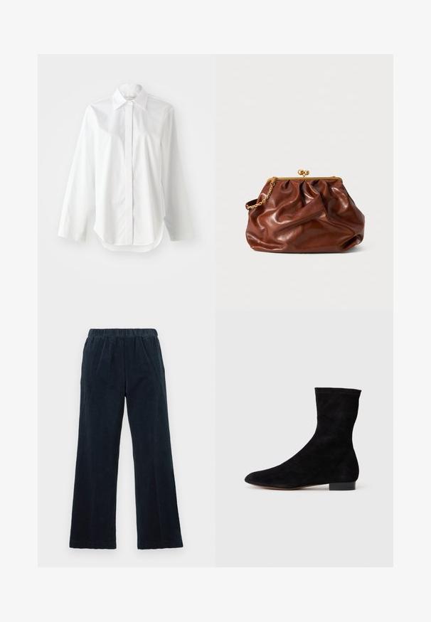 Witte blouse met lange mouwen, een klassieke kraag, knoopsluiting aan de voorkant en een licht gebogen zoom. Glad materiaal met een frisse uitstraling.; Marineblauwe corduroy broek met een wijde pijp, elastische tailleband en verticale ribbelstructuur. Heeft zijzakken en een rechte zoom.; Zwarte suède enkelboot met een aansluitende schacht, puntige neus en een lage blokhak. Gladde textuur en minimalistisch ontwerp, geschikt voor veelzijdige styling.; Bruine leren clutch met een gouden sluiting en een korte gouden schakelhandle, met een zachte, geplooide textuur op een witte achtergrond.