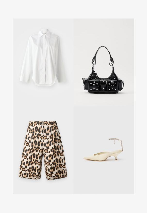 Baltas garo piedurkņu krekls ar klasisku apkakli, pogu priekšpusi un nedaudz izliekta apakšu. Gluda auduma ar asu izskatu.; Lietussargu apģērbs ar leopardu rakstu, kas sastāv no beigu un melnā toņa kombinācijas, klasiska krokojuma dizains un sānu kabatas. Izgatavots no gludas auduma ar mirdzošu apdari.; Krēma nokārtojošā papēža kurpe ar smailo purngalu, plānu priekšējo siksnu un rotājošo potītes siksniņu uz baltā fona.; Melnas ādas rokturmais ar izliekumu, ar sudraba iedurtiem, sprādzi un divām sānu kabatām. Regulējams siksniņas garums dažādām nēsāšanas iespējām.