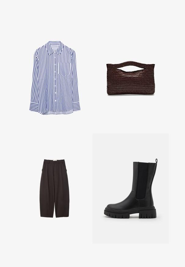 Blå og hvid lodret stribet langærmet skjorte med knaplukning, spids krave og brystlomme, lagt fladt på en hvid baggrund.; Sorte brede bukser lavet af et glat stof, med høj talje, forfaldne folder og sidelommer. Simpelt design uden udsmykninger.; Sort ankelstøvle lavet af læder med en tekstureret overflade, elastiske sidelæg og en tykkere, rillede sål for ekstra greb.; Vævet brun læderhåndtaske med et afrundet topgreb og en åben silhuet, der har en struktureret overflade og et elegant, minimalistisk design.