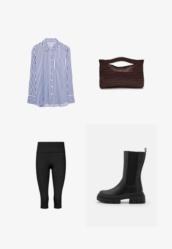 Niebiesko-biała pionowo paskowana koszula z długim rękawem, zapinana na guziki, z kołnierzykiem w szpic i kieszonką na piersi, położona na białym tle.; Czarne legginsy do połowy łydki o gładkiej, elastycznej teksturze. Posiadają szeroki pas i płaskie szwy dla komfortu i elastyczności.; Czarne botki za kostkę wykonane ze skóry z teksturowaną powierzchnią, elastycznymi bocznymi panelami i grubą, żebrowaną podeszwą dla lepszej przyczepności.; Torebka z brązowej, plecionej skóry z zaokrąglonym uchwytem u góry i otwartą sylwetką, charakteryzująca się teksturowaną powierzchnią oraz eleganckim, minimalistycznym designem.