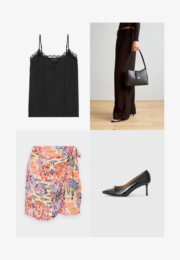 Crna majica bez rukava s podesivim trakama na ramenima, s valovitom čipkastom obrubom duž dekoltea i laganom, mekanom teksturom tkanine.; Šarena, uzorčena suknja s omotom koja prikazuje zavojite uzorke u crvenoj, plavoj, narančastoj i žutoj boji, sa bočnom mašnom i mekanom, laganom tkaninom.; Crne lakirane cipele s visokom petom, sa šiljastim prstom, dekorativnim detaljem remena sprijeda i tankom stiletto petom.; Crna torba s oblikom koji sadrži strukturu, glađu teksturu i metalnu kopču. Uparena s širokim crnim hlačama i sandalama na otvorenom s drvenog poda.