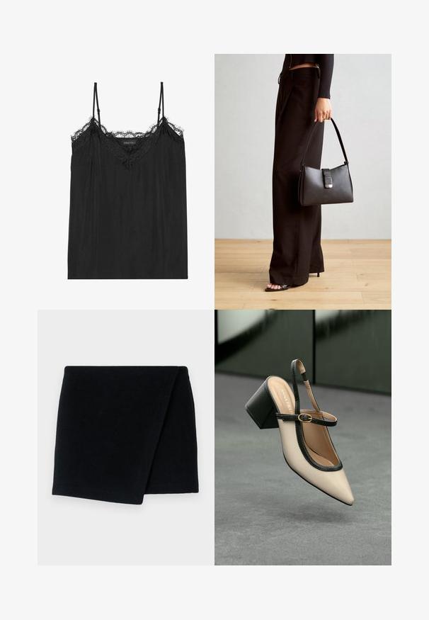 Crna majica bez rukava s podesivim trakama na ramenima, s valovitom čipkastom obrubom duž dekoltea i laganom, mekanom teksturom tkanine.; Crni vuneni šal, pravokutnog oblika, mekane teksture, presavijen s čistim rubovima, minimalističkog dizajna, prikladan za toplinu i slojevito odijevanje.; Bež cipele s otvorenom petom i šiljastim vrhom, crnim obrubom, zlatnom kopčom i debelim blok-petom na sivom podu s tamnozelenom pozadinom.; Crna torba s oblikom koji sadrži strukturu, glađu teksturu i metalnu kopču. Uparena s širokim crnim hlačama i sandalama na otvorenom s drvenog poda.